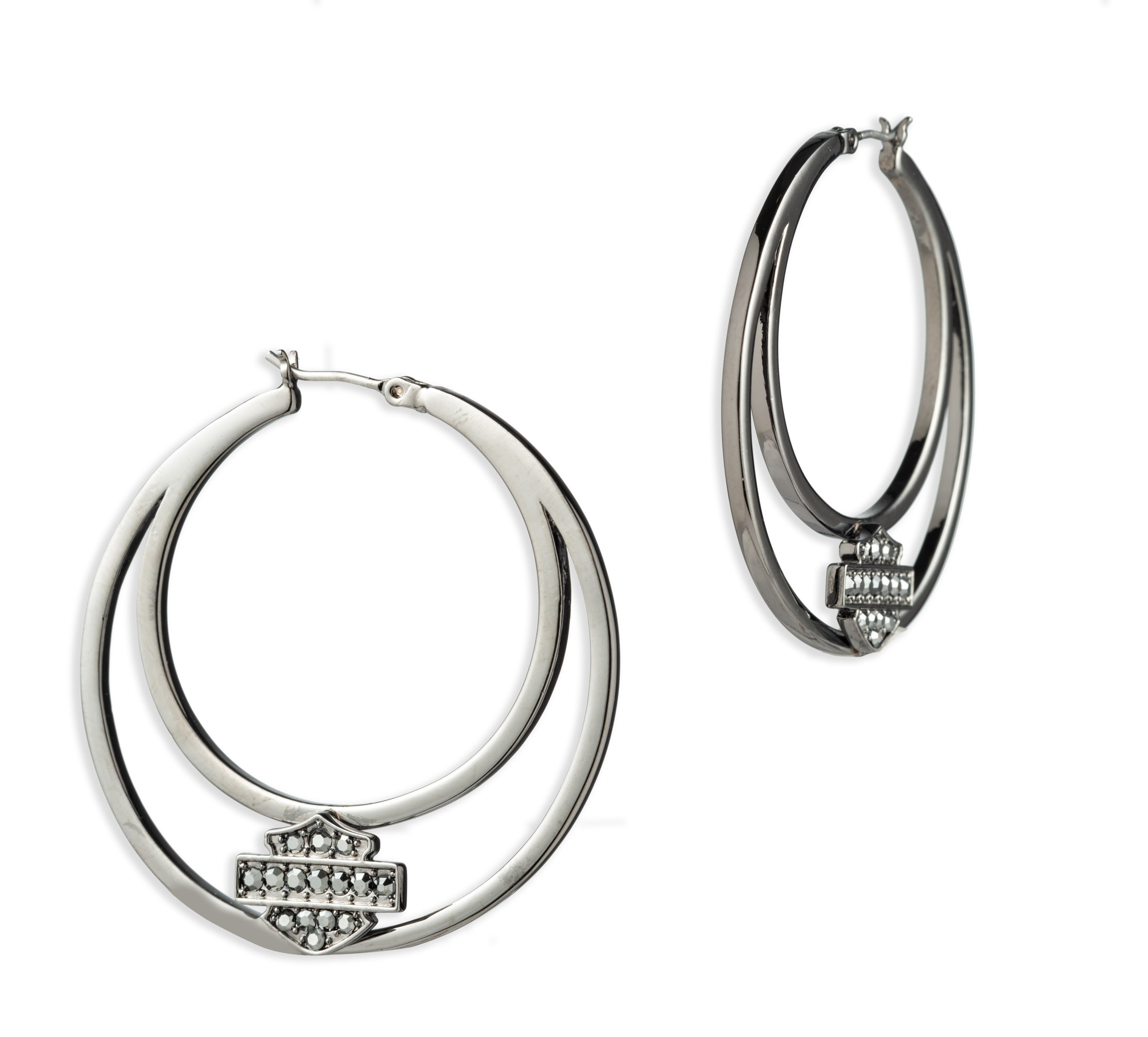 Women's Hematite Large Open Bar & Shield Logo Hoop Earrings