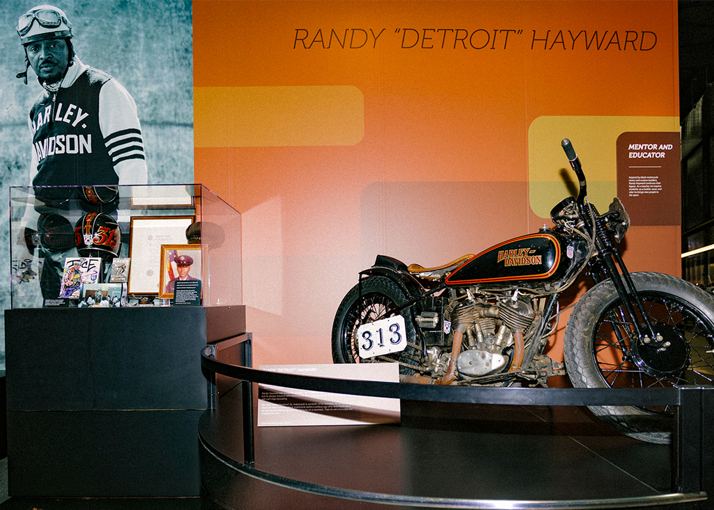 Vintage Harley-Davidson motorcycle displayed in Randy “Detroit” Hayward exhibit