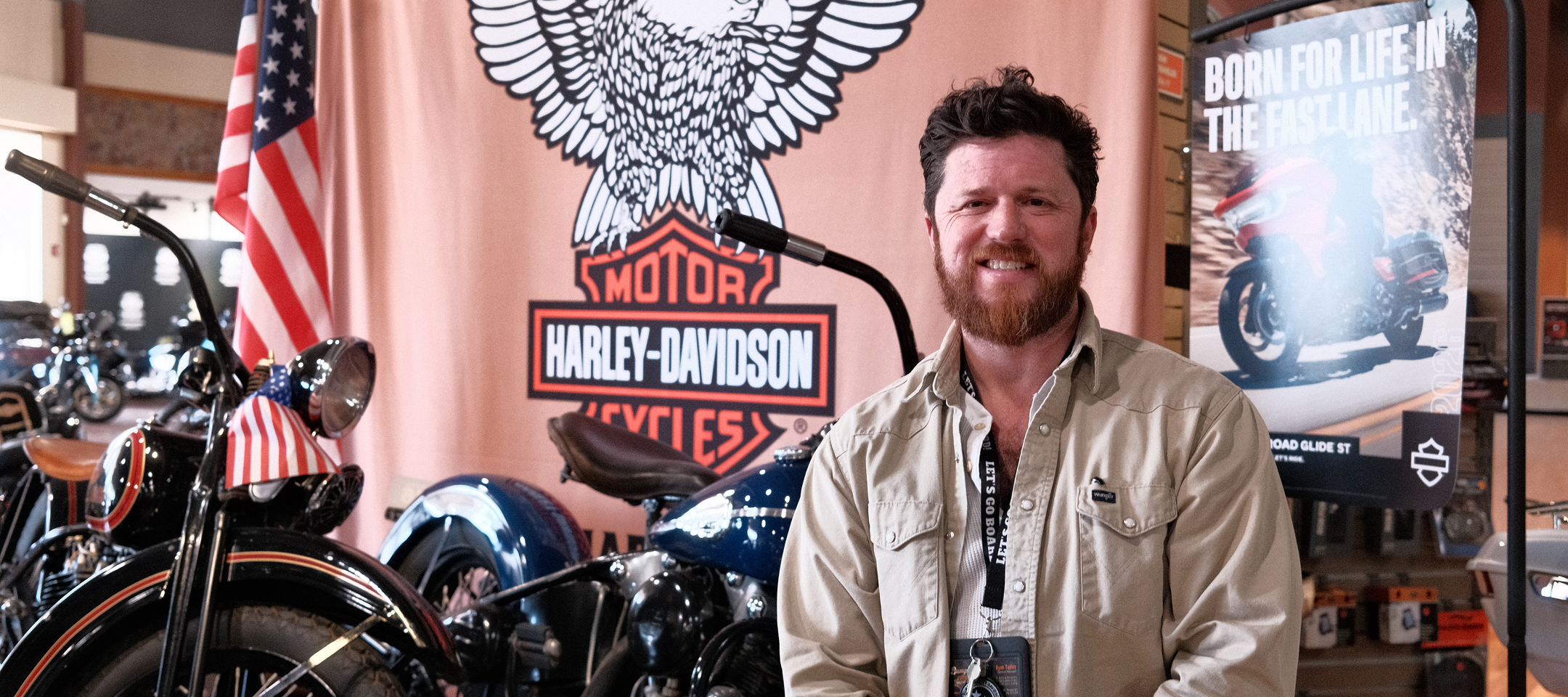 Bumpus Harley-Davidson General Manager Ryan Tapley poses for a photo inside the showroom