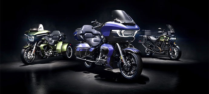 beauty shot of the 2026 Street Glide 3 Limited, Road Glide Limited, and Pan America Limited