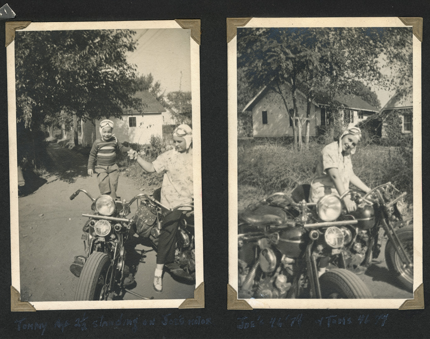 Vintage split photo of child and person with motorcycles outdoors