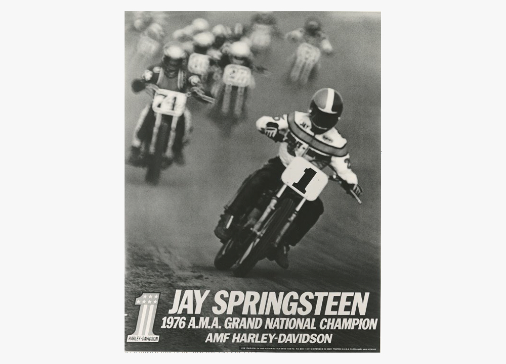 Vintage poster showing Jay Springsteen leading a pack during a championship race
