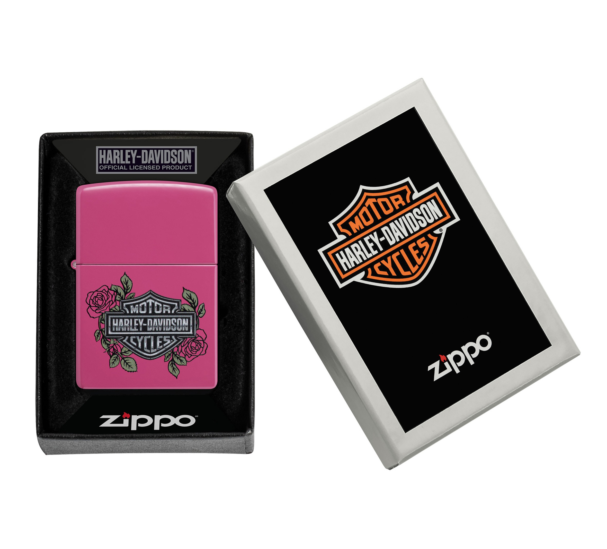Harley-Davidson® Bar and Shield Logo with Roses Color Image Pink Matte Windproof Lighter