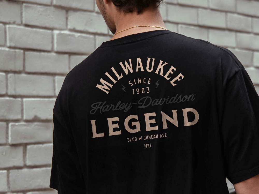 Man wearing h-d t-shirt showing back of t-shirt