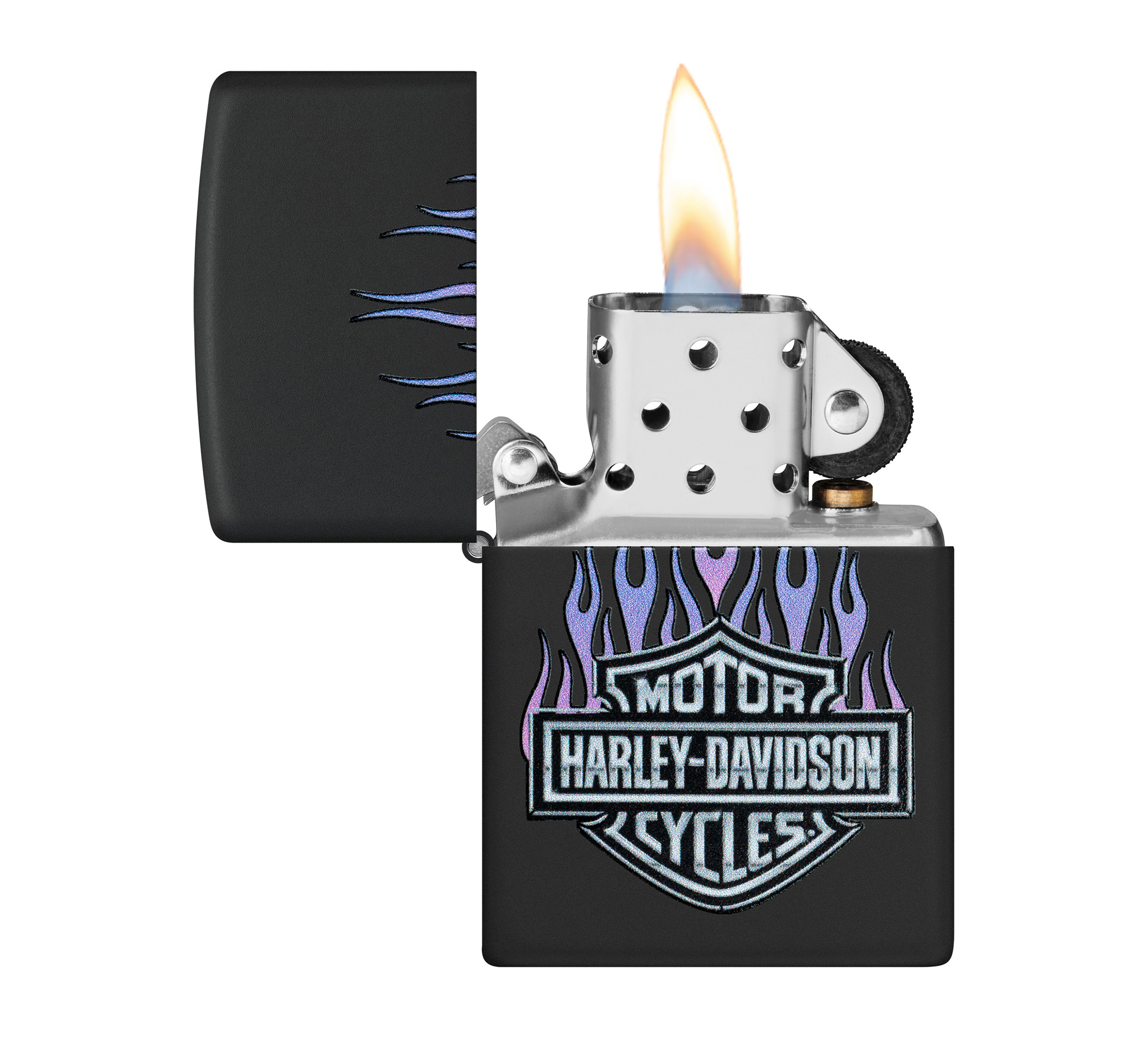 Harley-Davidson® Bar and Shield Logo with Flames Color Image Black Matte Windproof Lighter