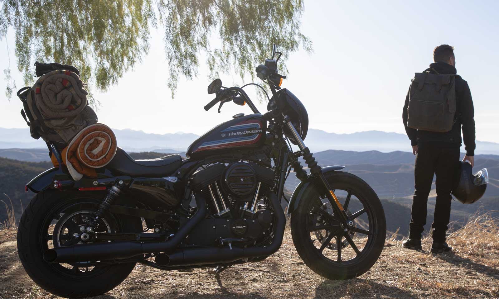 bike parked and man watching sun set