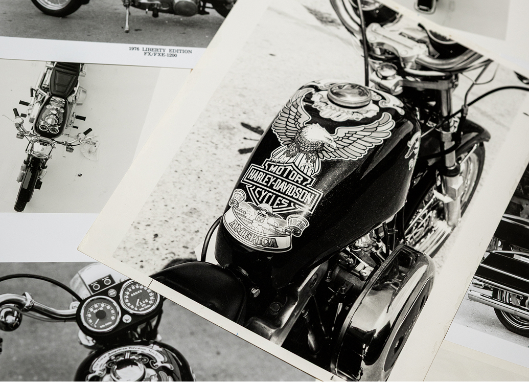 Black-and-white photos of vintage motorcycles, including a HarleyDavidson ’76 Bicentennial tank logo
