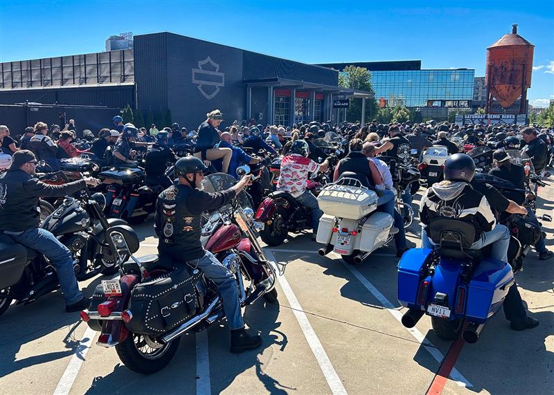 Motorcycles gathered outside Harley-Davidson Museum during Big Unit Poker Run