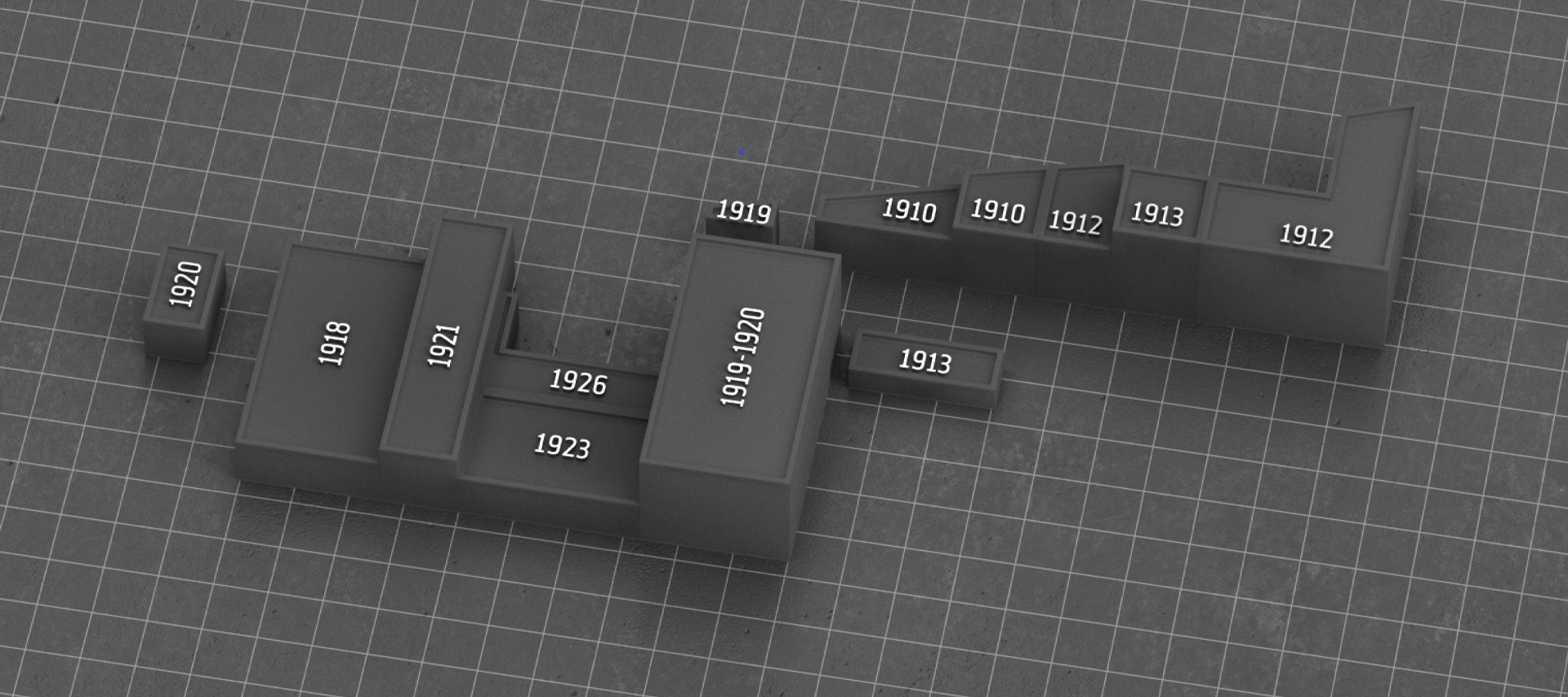 A digital rendering showing which buildings were built in what year on H-D campus