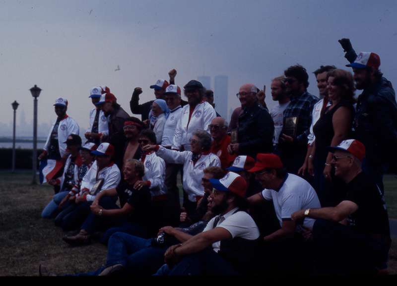 Group of riders from the Ride For Liberty in New York City gathered near the water on an overcast day