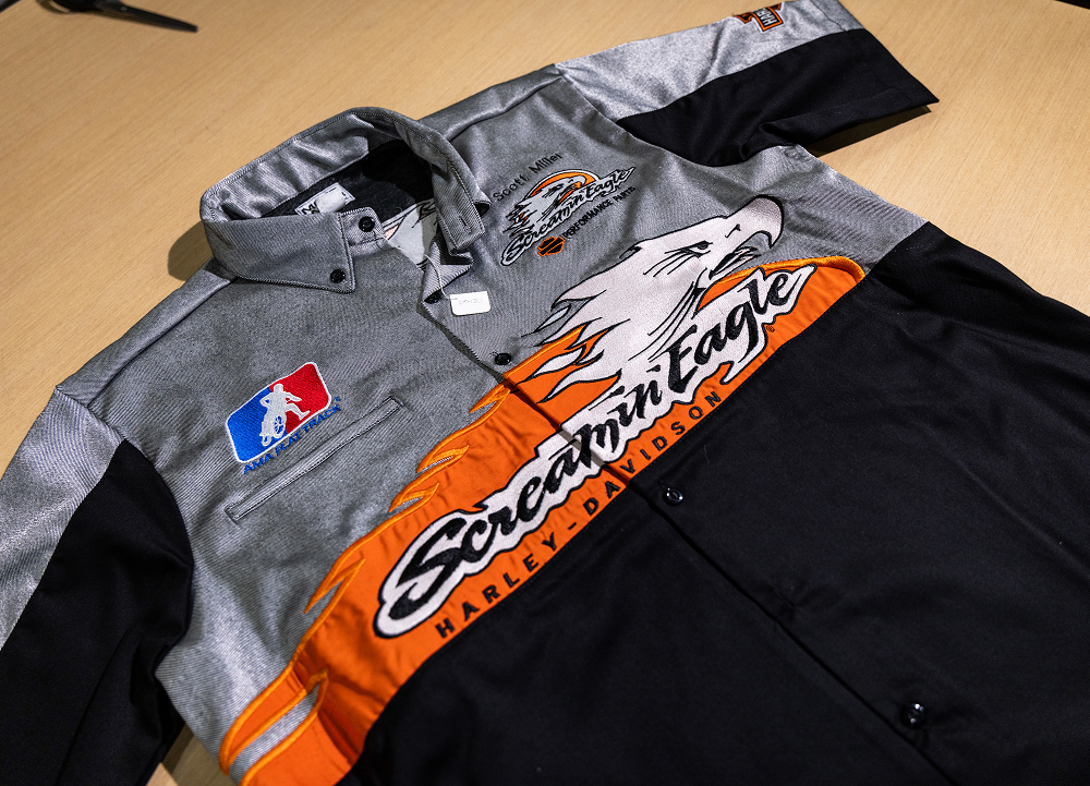 Vintage Screamin’ Eagle racing jacket displaying eagle artwork and Harley-Davidson branding