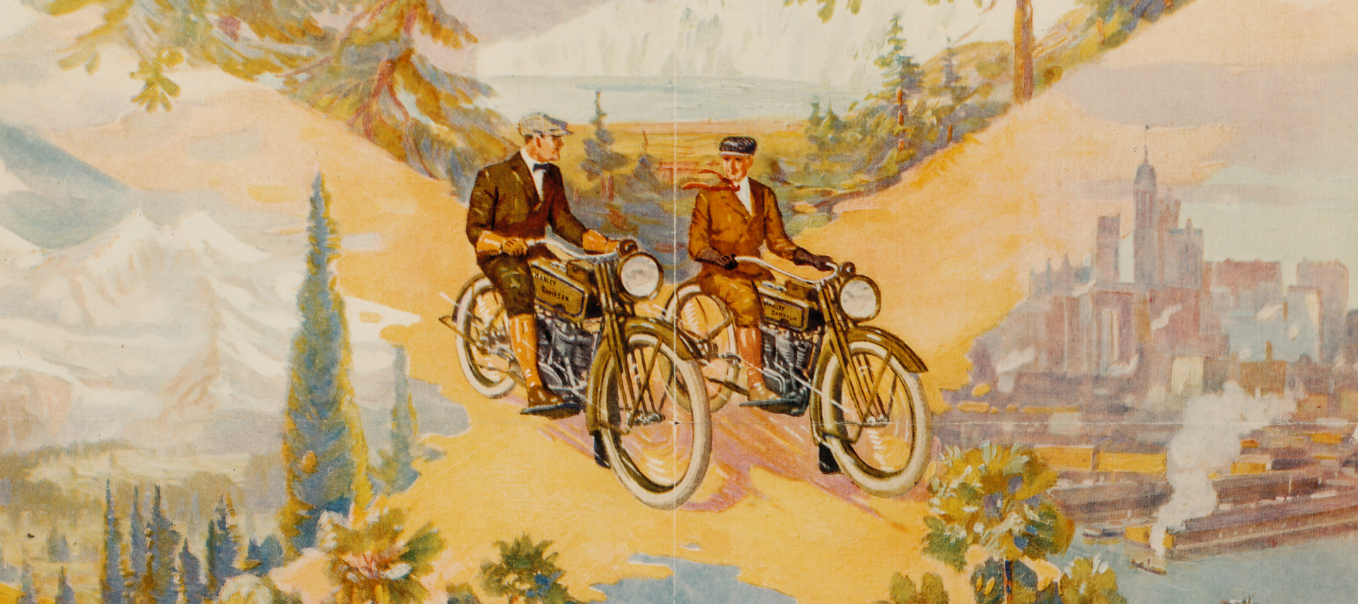Vintage color illustration of two riders on Harley-Davidson motorcycles traveling from mountains to a cityscape.