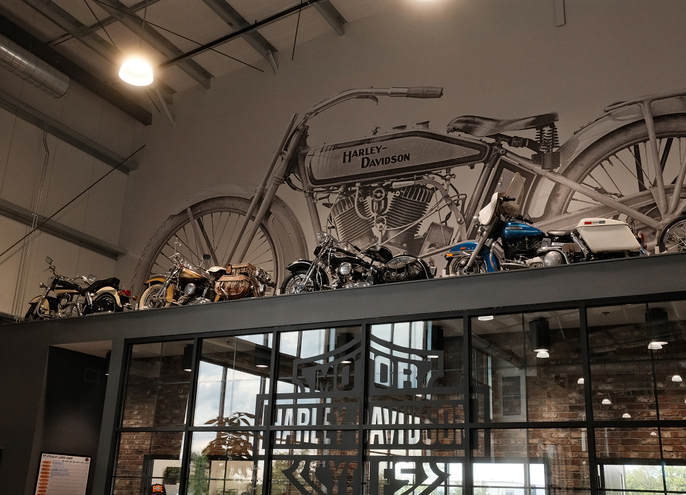 Vintage Harley-Davidson motorcycles displayed above glass offices beneath large historic motorcycle mural