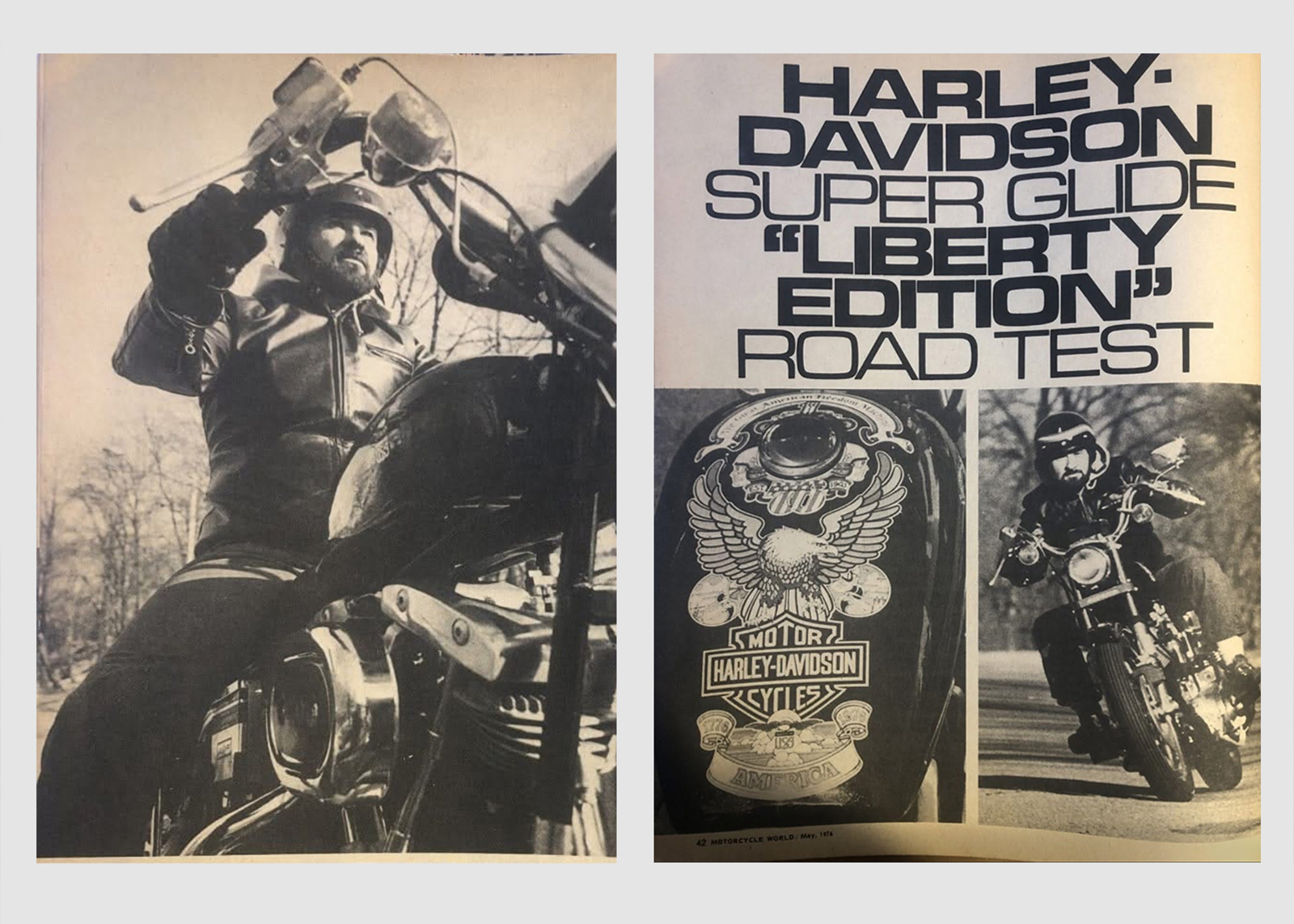 Vintage advertising photos and layout of Marty Altholtz riding a 1976 Harley-Davidson Super Glide Liberty Edition.