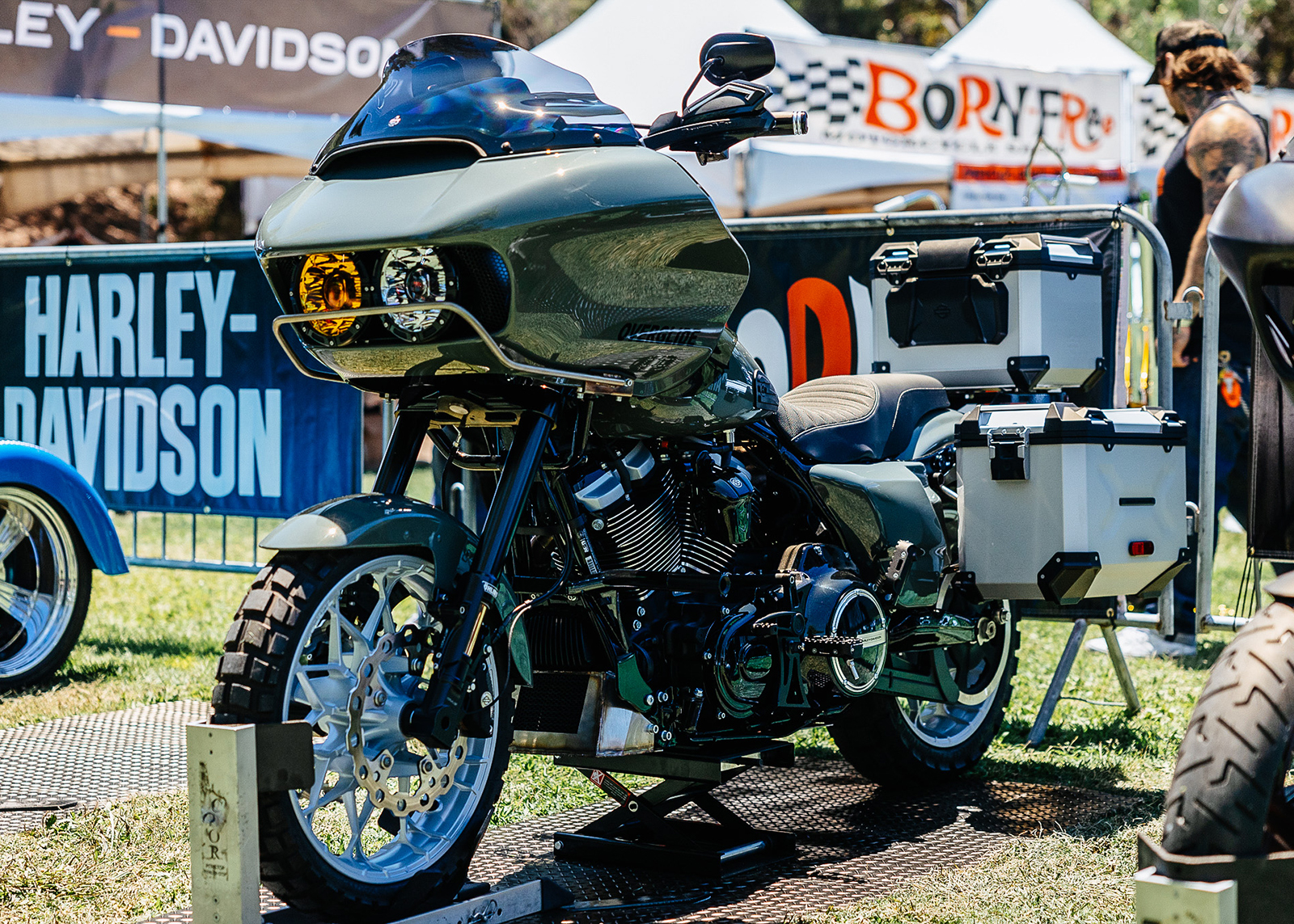 A custom motorcycle built by Laidlaw’s Harley-Davidson, the Laidlaw Overglide, seen from the left front three quarter view, on display at the Born Free motorcycle show.