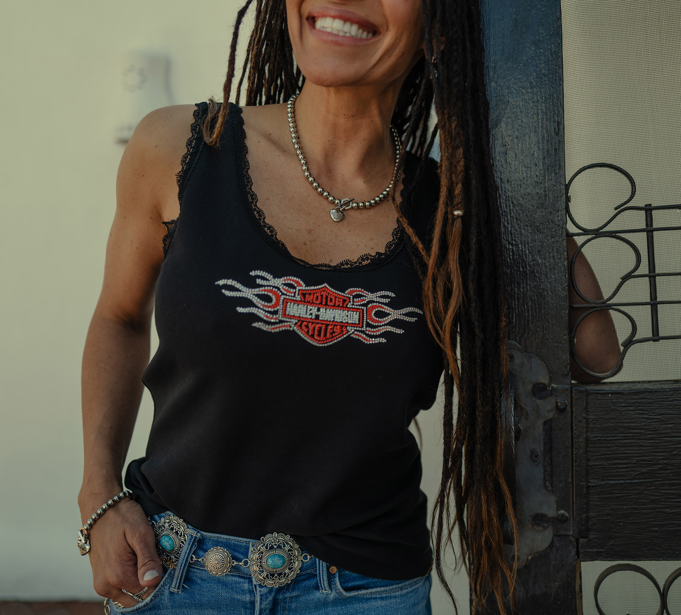 Women's Vintage Flames Bling Lace Trim Tank