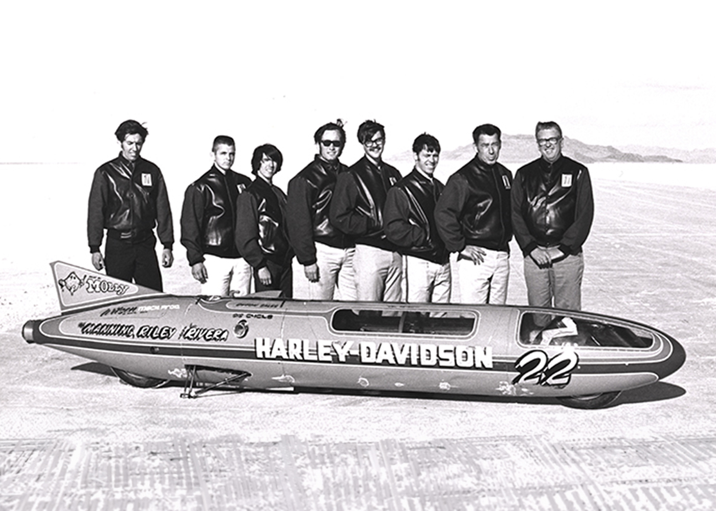 Harley-Davidson racing team with streamliner motorcycle