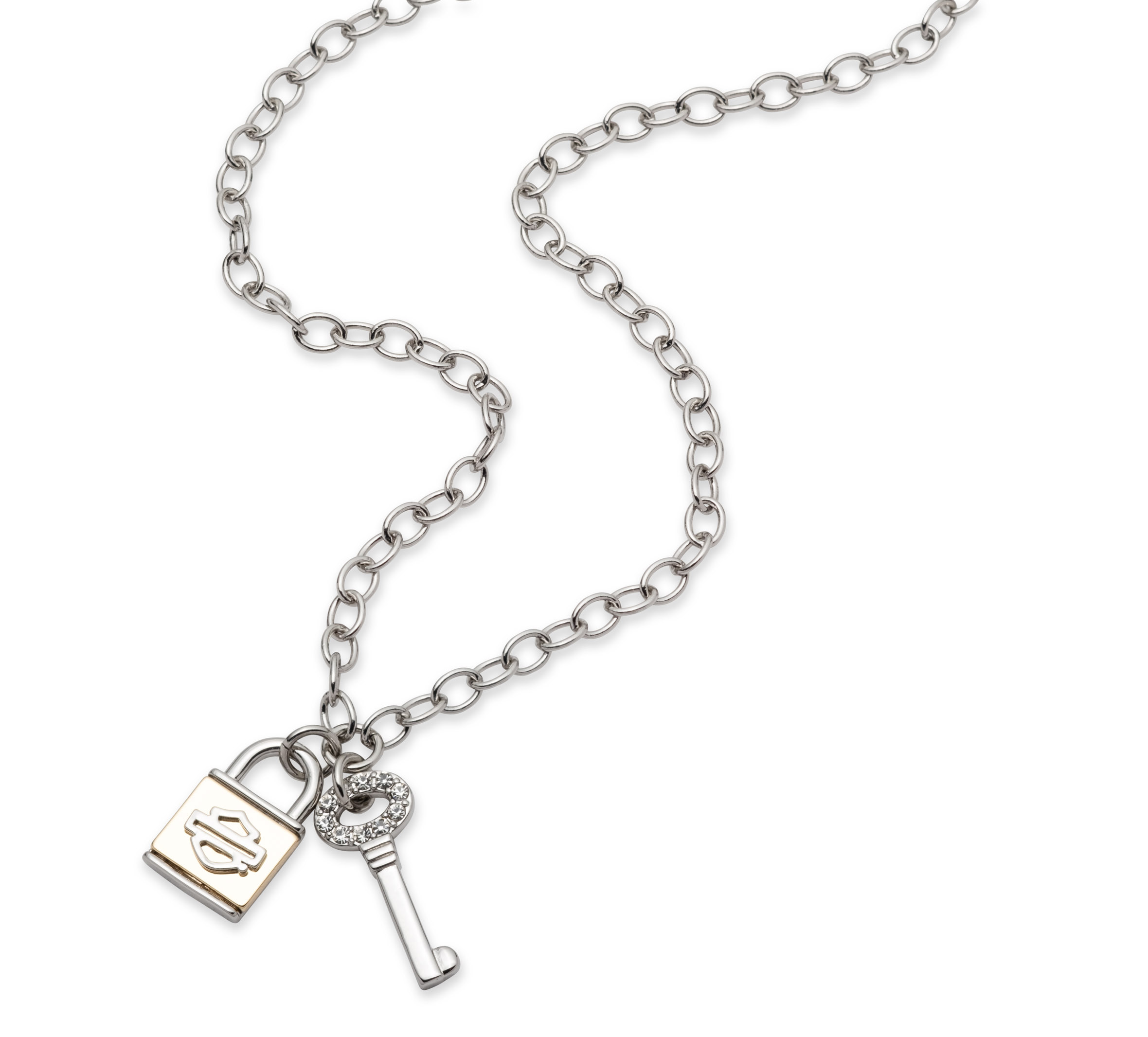 Women's 24" Two-Tone Bar & Shield Lock and Key Pendant