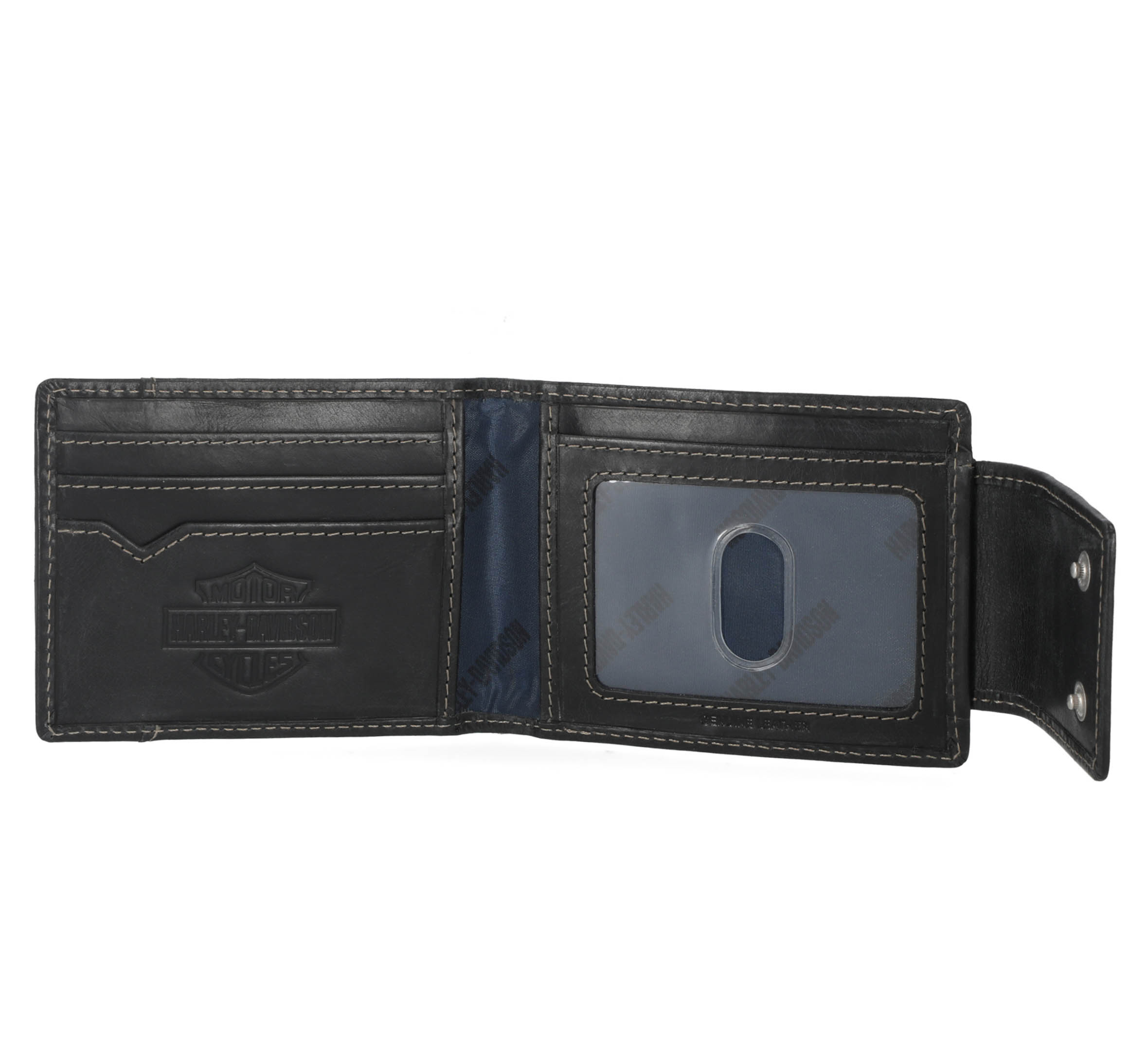 Portefeuille à 2 volets avec poche avant fermée par bouton-pression en cuir lisse pour hommes, noir