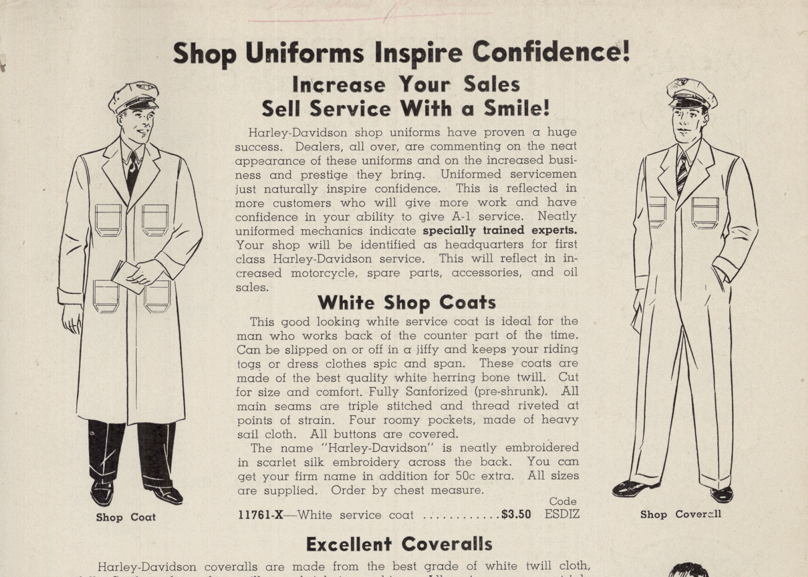 A vintage ad for shop uniforms using cartoon drawings rather than photographs