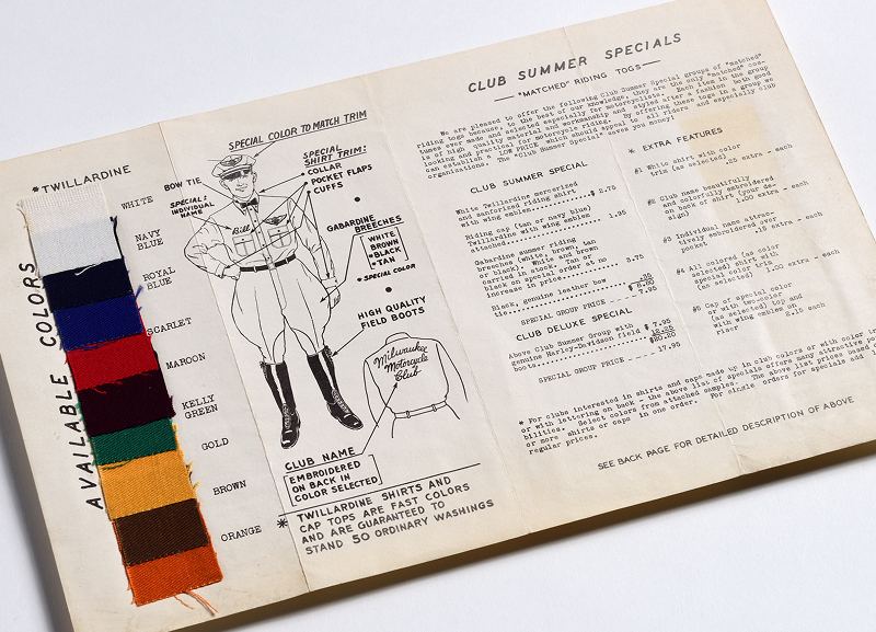 Vintage motorcycle club apparel catalog showing color swatches, uniform illustrations, and riding gear options
