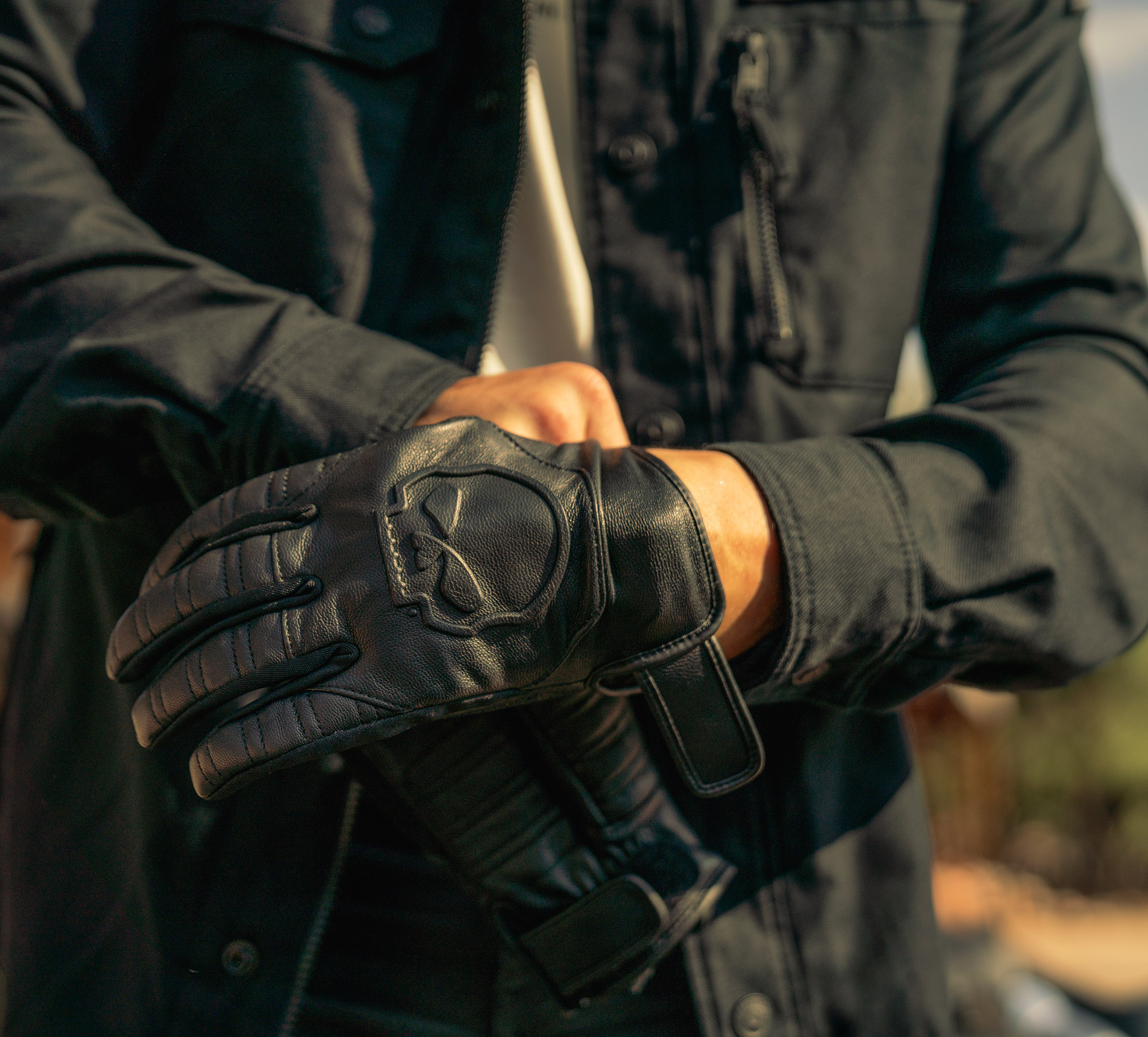 Willie G Skull Graphic Leather Riding Gloves