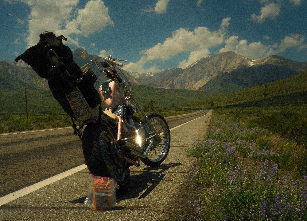 Custom chopper motorcycle parked along a mountain highway with wildflowers, open road, and rugged peaks in the distance