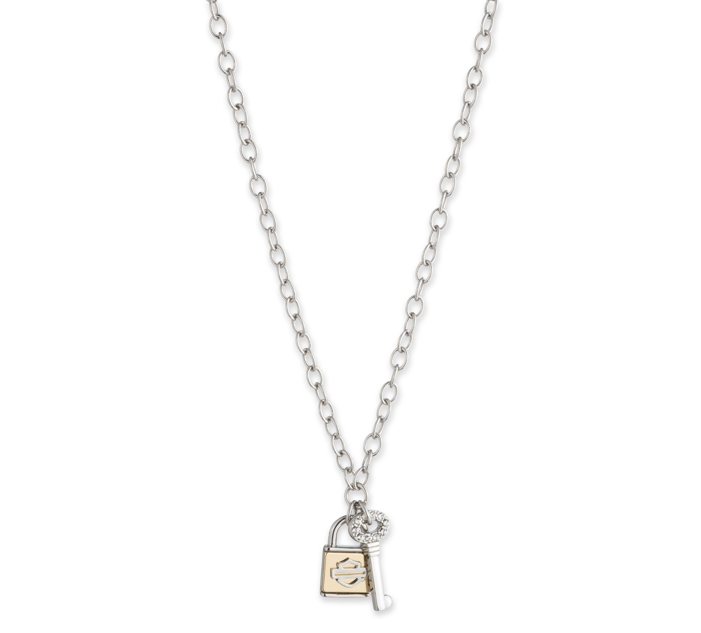 Women's 24" Two-Tone Bar & Shield Lock and Key Pendant