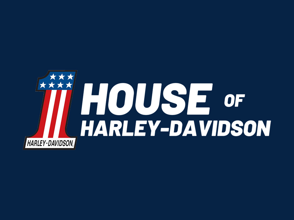 青い背景のHouse of Harley-Davidsonロゴ