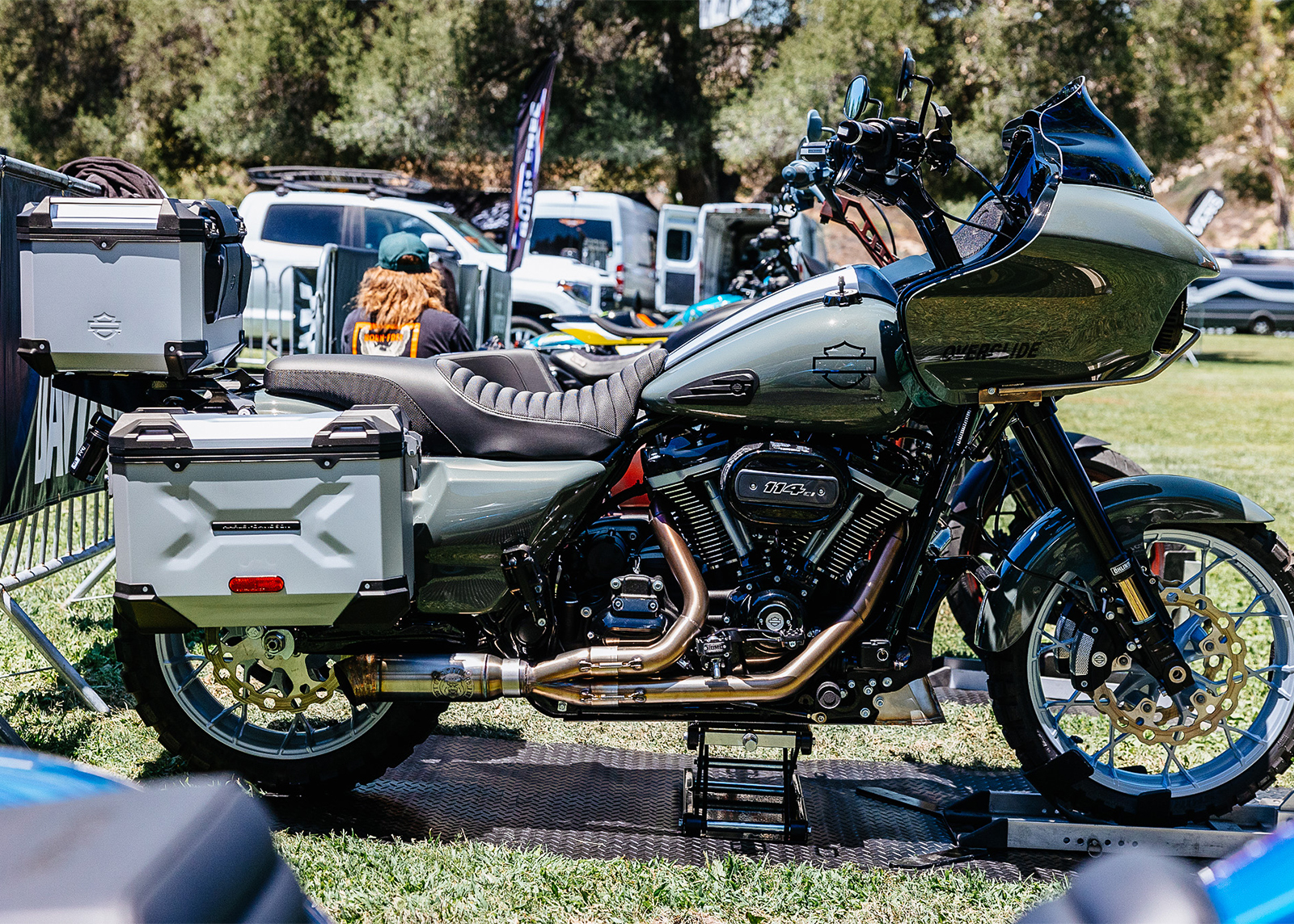 A custom motorcycle built by Laidlaw’s Harley-Davidson, the Laidlaw Overglide, seen directly from the side, on display at the Born Free motorcycle show.