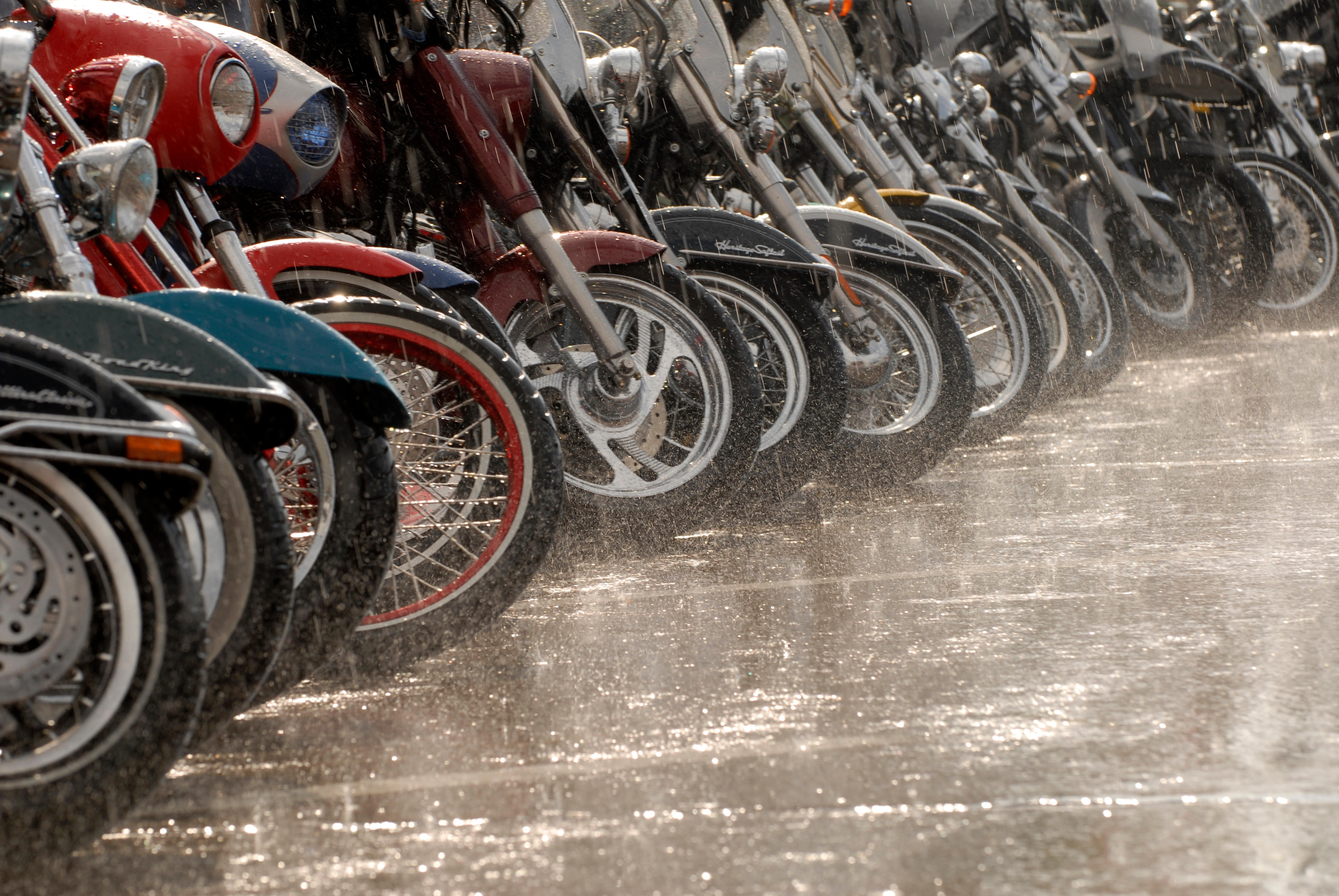 motorcycles in rain.