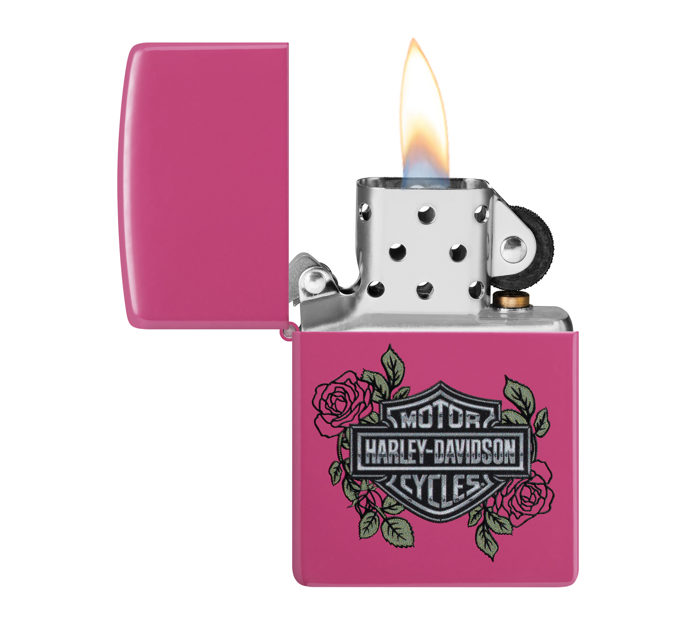 Harley-Davidson® Bar and Shield Logo with Roses Color Image Pink Matte Windproof Lighter