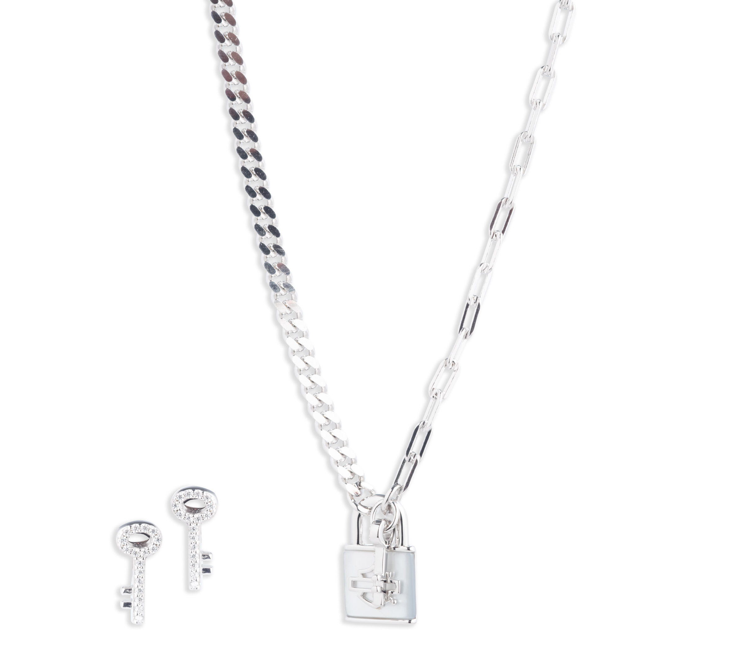 Women's Sterling Silver Padlock and Key Necklace and Earring Set