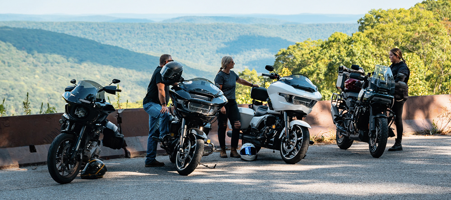 Four Harley-Davidsons and their owners stop at an overlook 