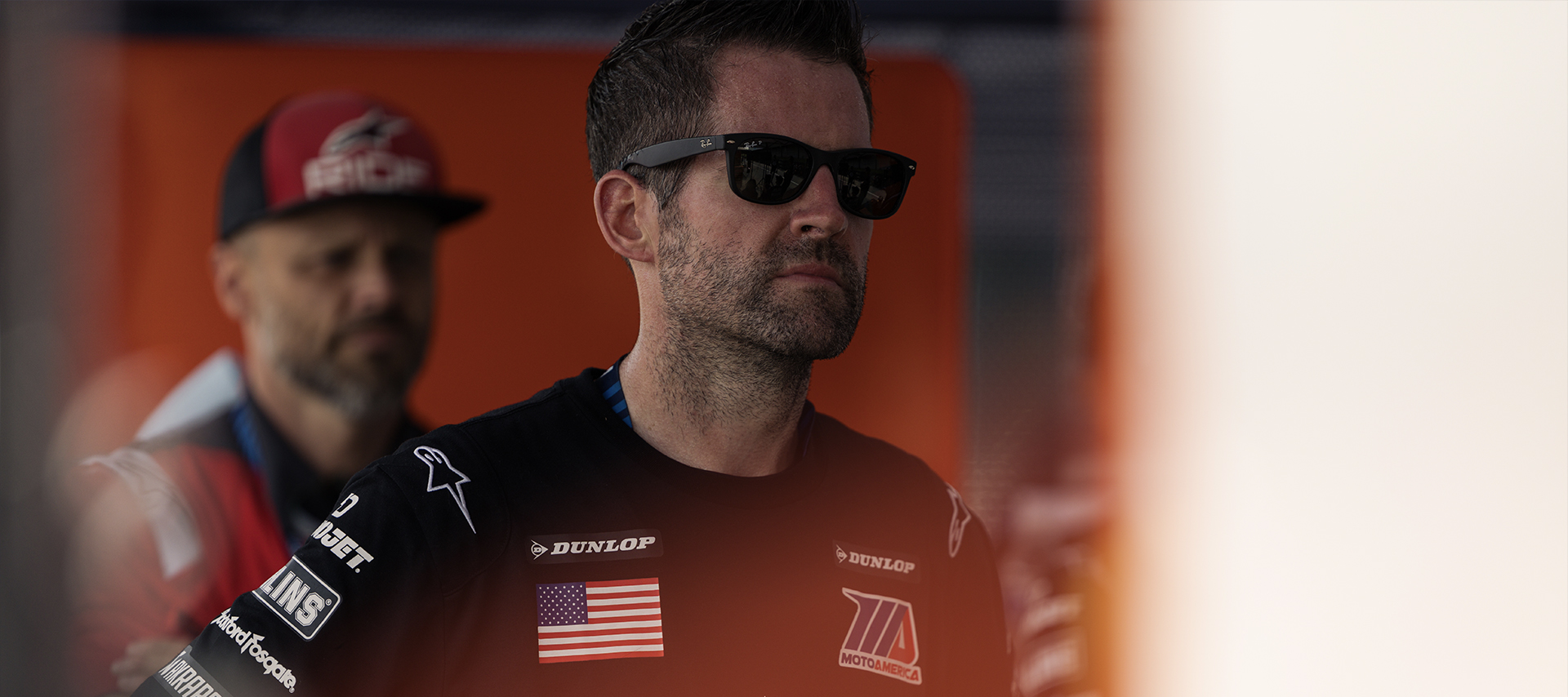 Harley-Davidson Factory Racing Lead Carl Vandervort watches a King of the Baggers race from the pit.