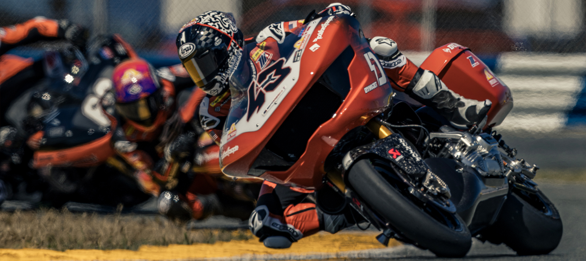 James Rispoli navigates a corner on his number forty-three motorcycle at Daytona International Speedway