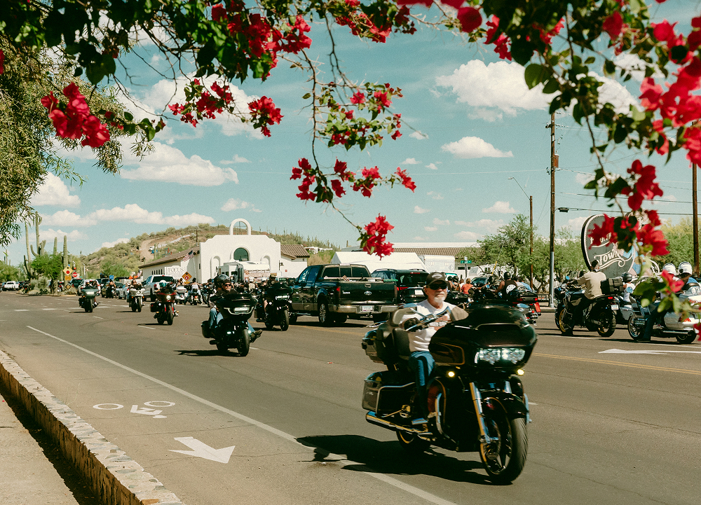 Group of motorcycles riding down a sunny street lined with buildings and flowering trees during a group ride.