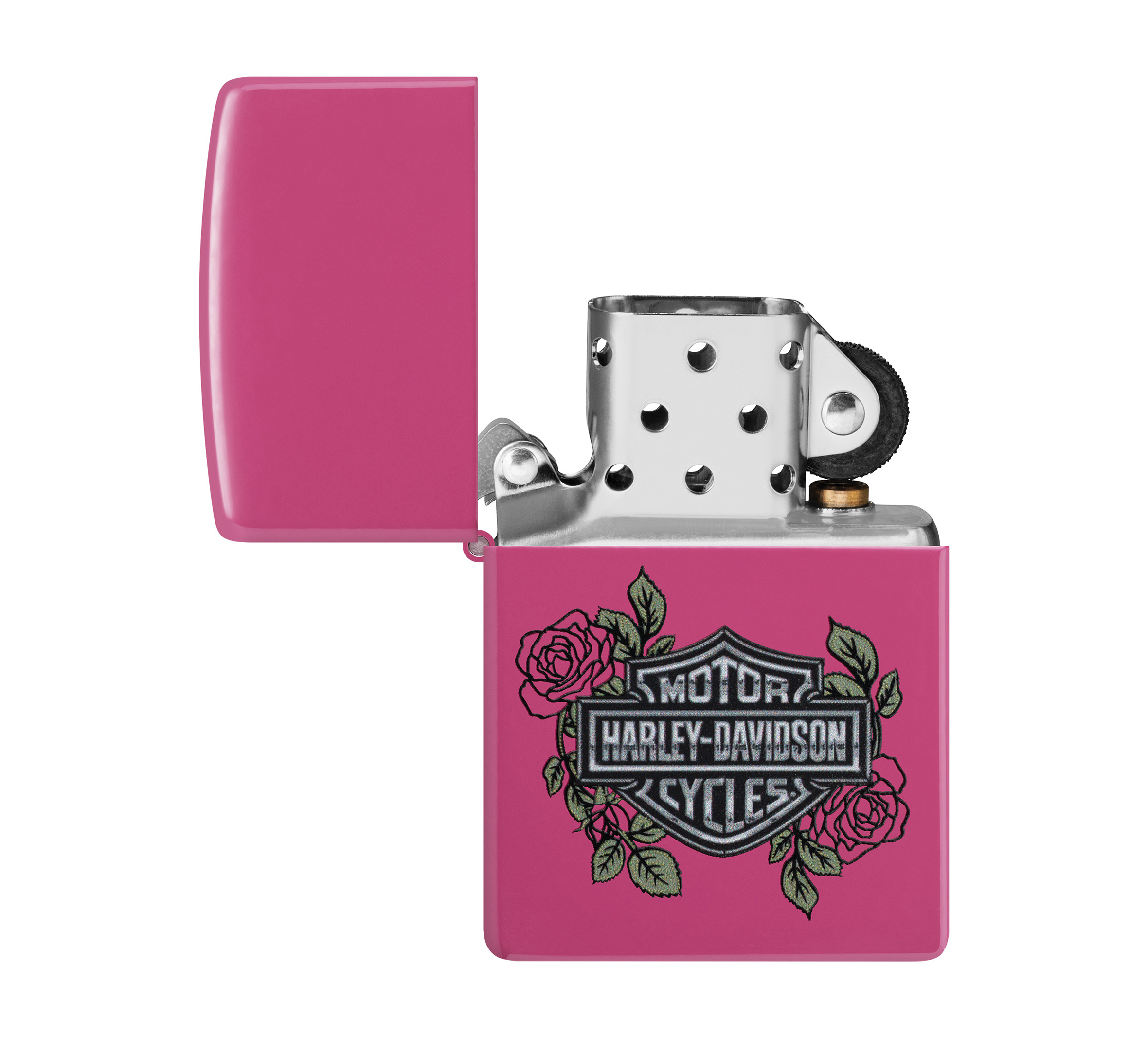 Harley-Davidson® Bar and Shield Logo with Roses Color Image Pink Matte Windproof Lighter