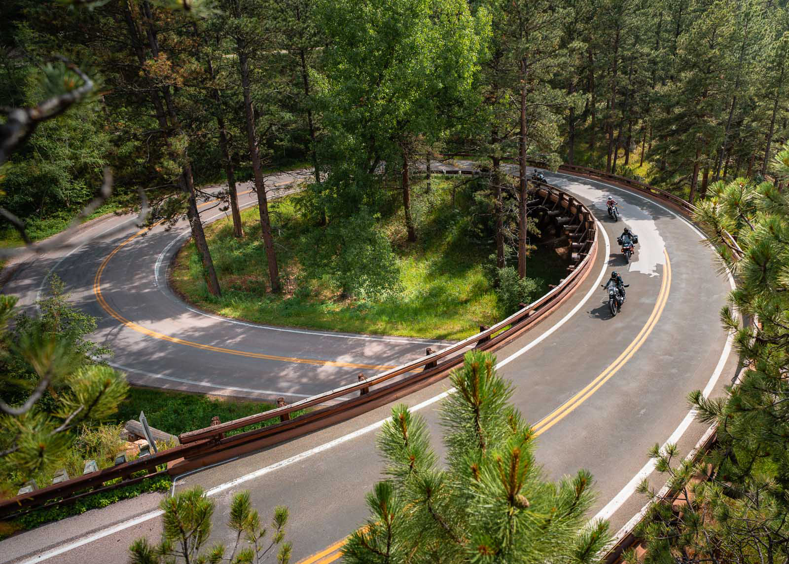 Four motorcyclists ride around a pigtail curve surrounded by dense pine forest and guardrails.