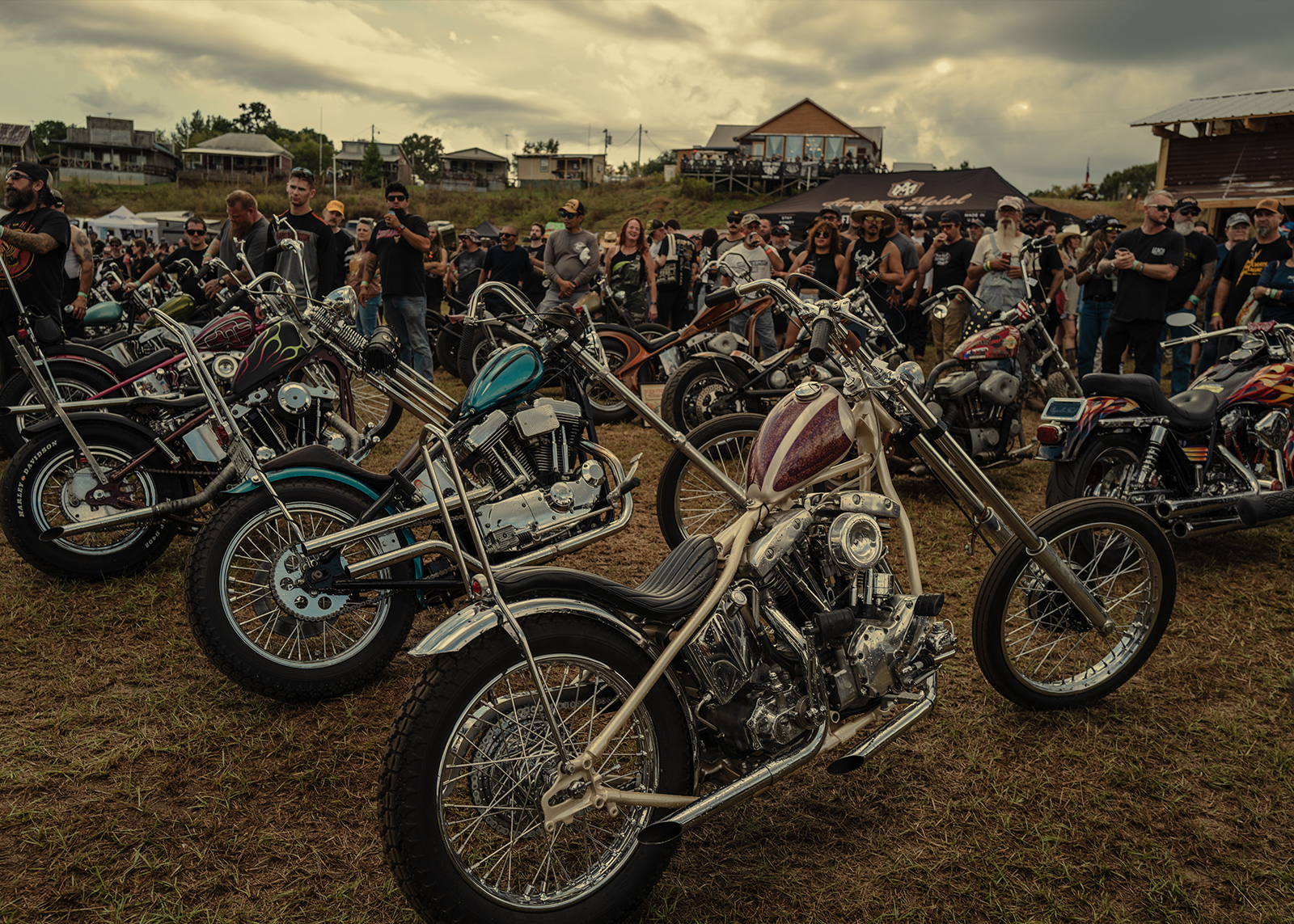 A big crowd of spectators check out rows of custom choppers on display at Born Free Texas.