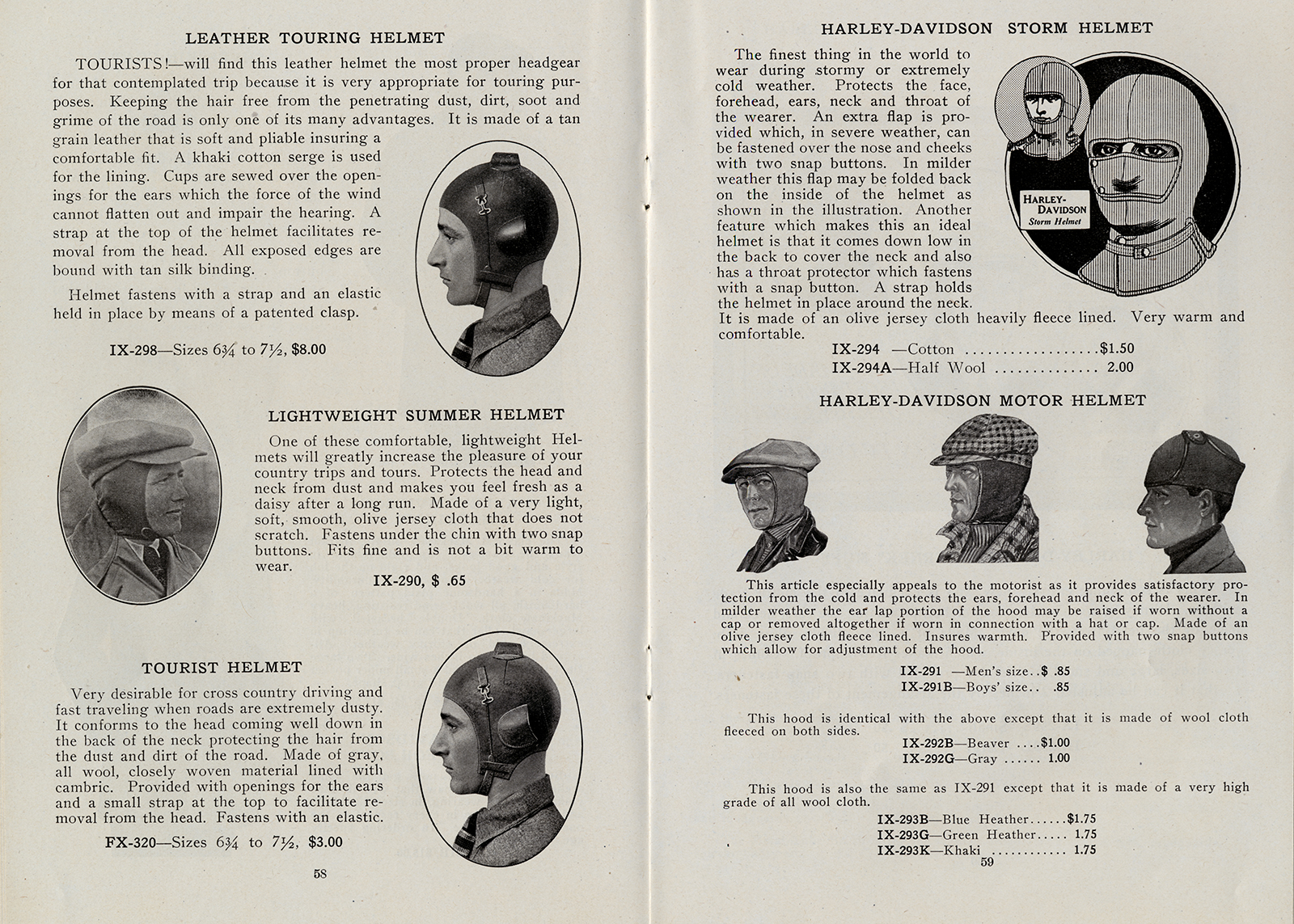 A scan of a spread from a 1910’s era Harley-Davidson catalog showing helmets and headwear with descriptions and pricing.
