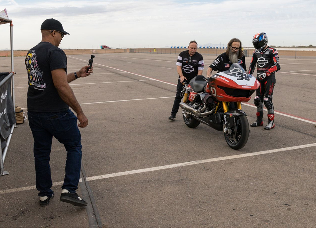 The author records the Harley-Davidson Racing crew ready Kyle Wyman’s motorcycle for test laps