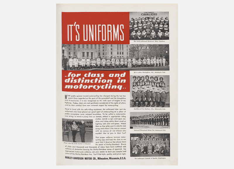 Vintage advertisement promoting motorcycle club uniforms, featuring team photos and riding apparel