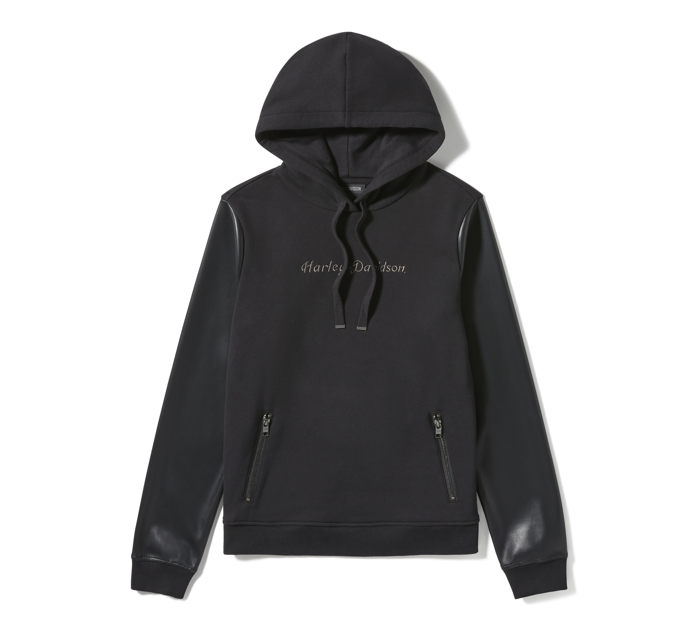 Women's Faux Leather Sleeve Pullover Hoodie