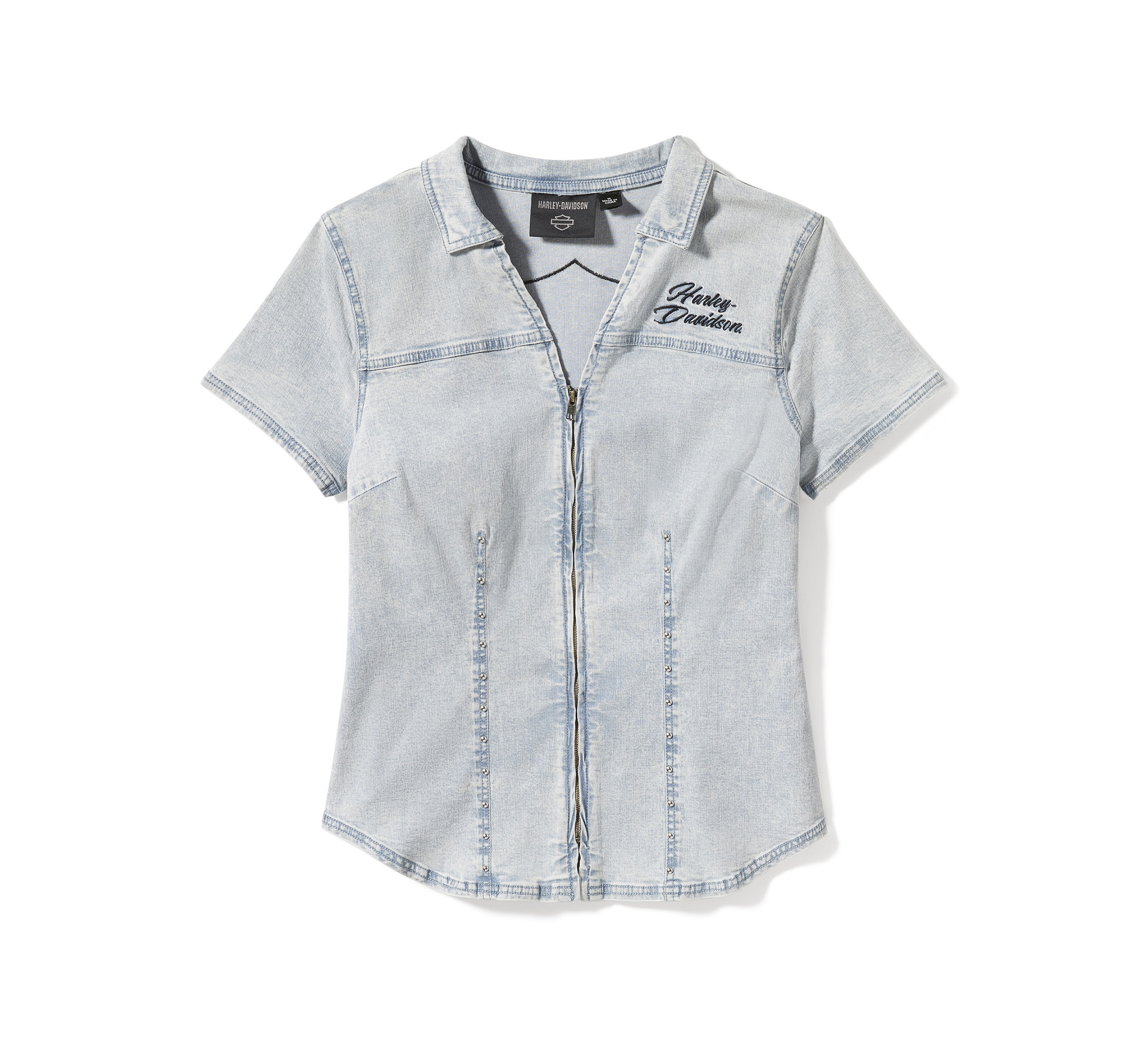 Women's Essential Bling Chambray Short Sleeve Zip Front Shirt