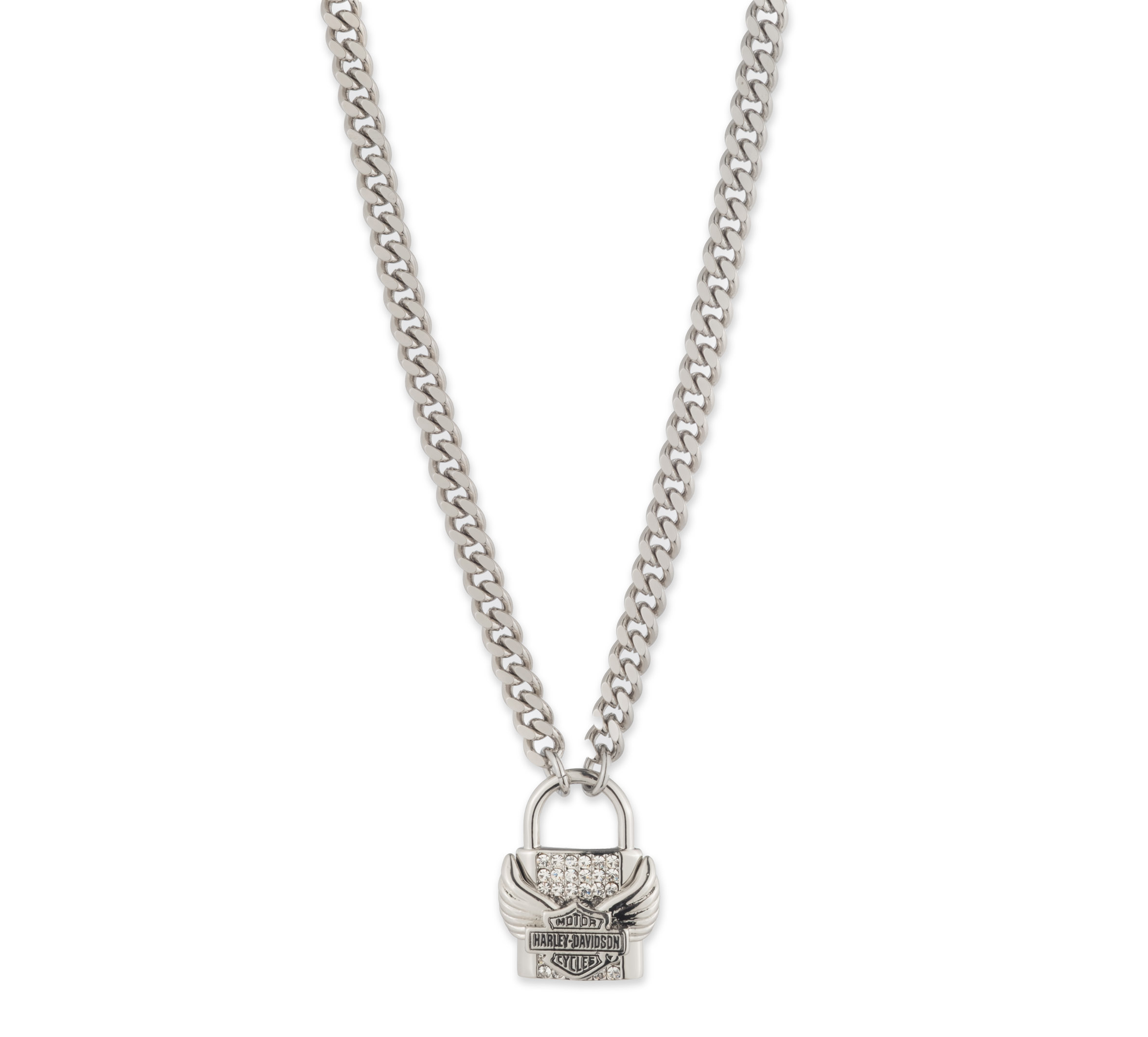 Women's 16" Winged Bar & Shield Pave Lock Pendant