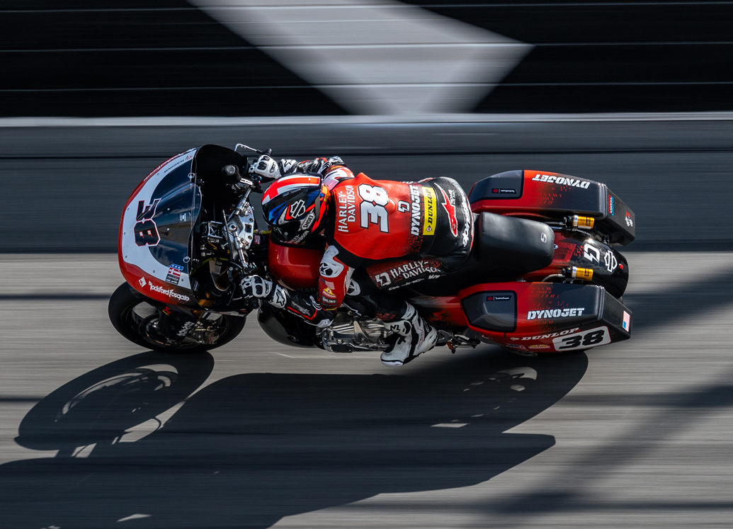 Number 38 Bradley Smith takes the bank at Daytona International Speedway at full speed during a King of the Baggers race