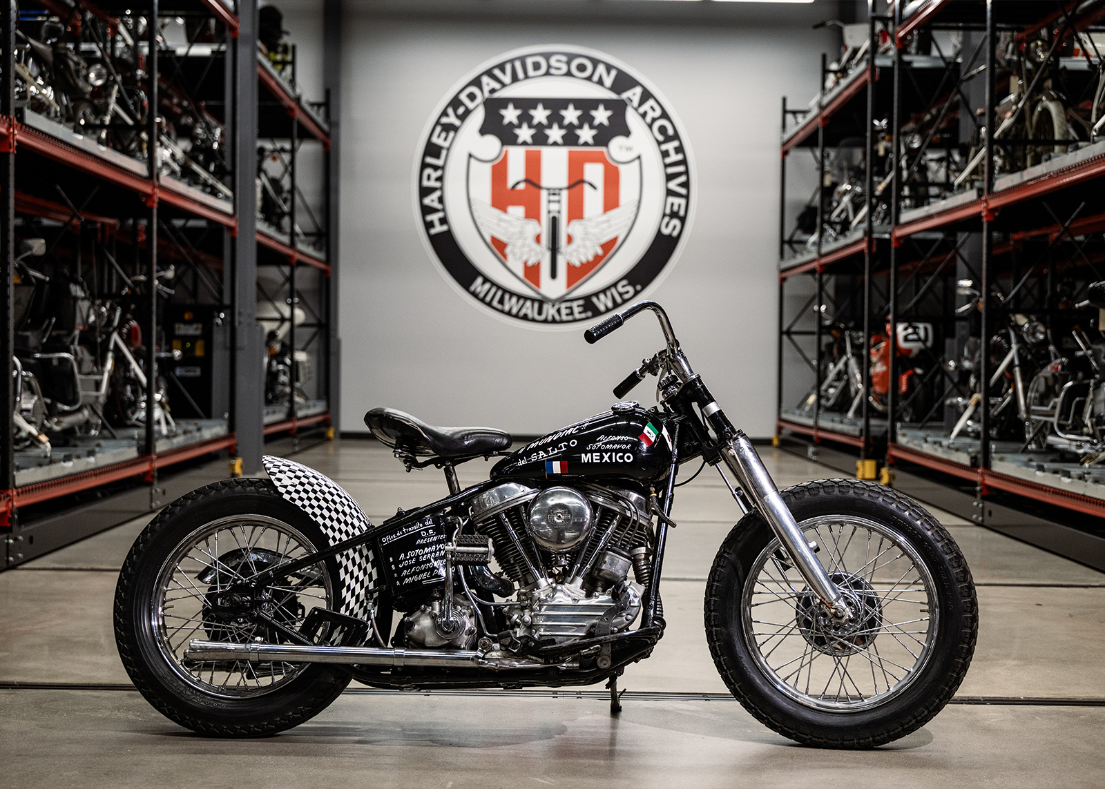 The side profile of Alfonso Sotomayor’s 1957 Harley-Davidson FL on display in the H-D museum archives.