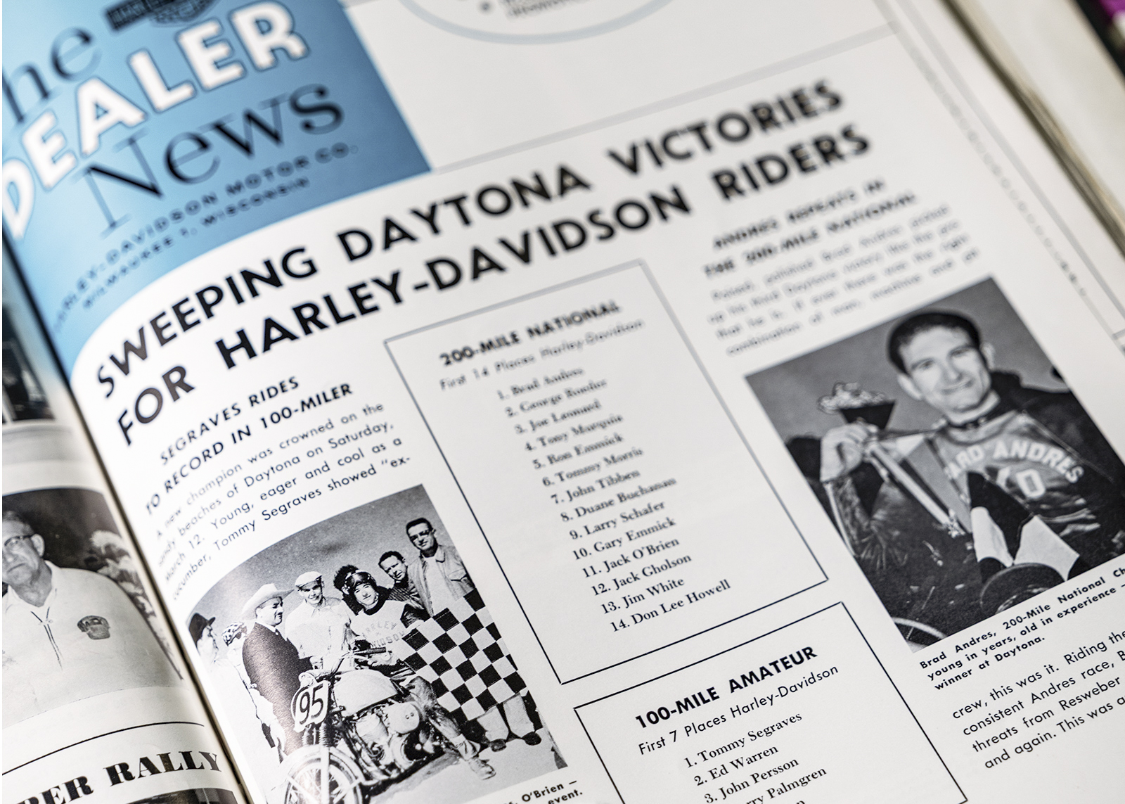 Vintage magazine page detailing Daytona racing victories for Harley-Davidson