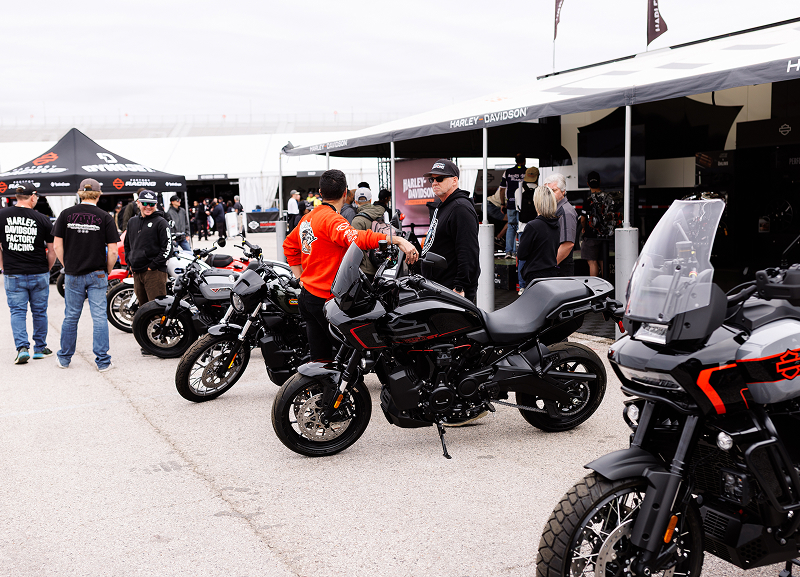 Rows of Harley-Davidson motorcycles on display as riders explore exhibits and event attractions